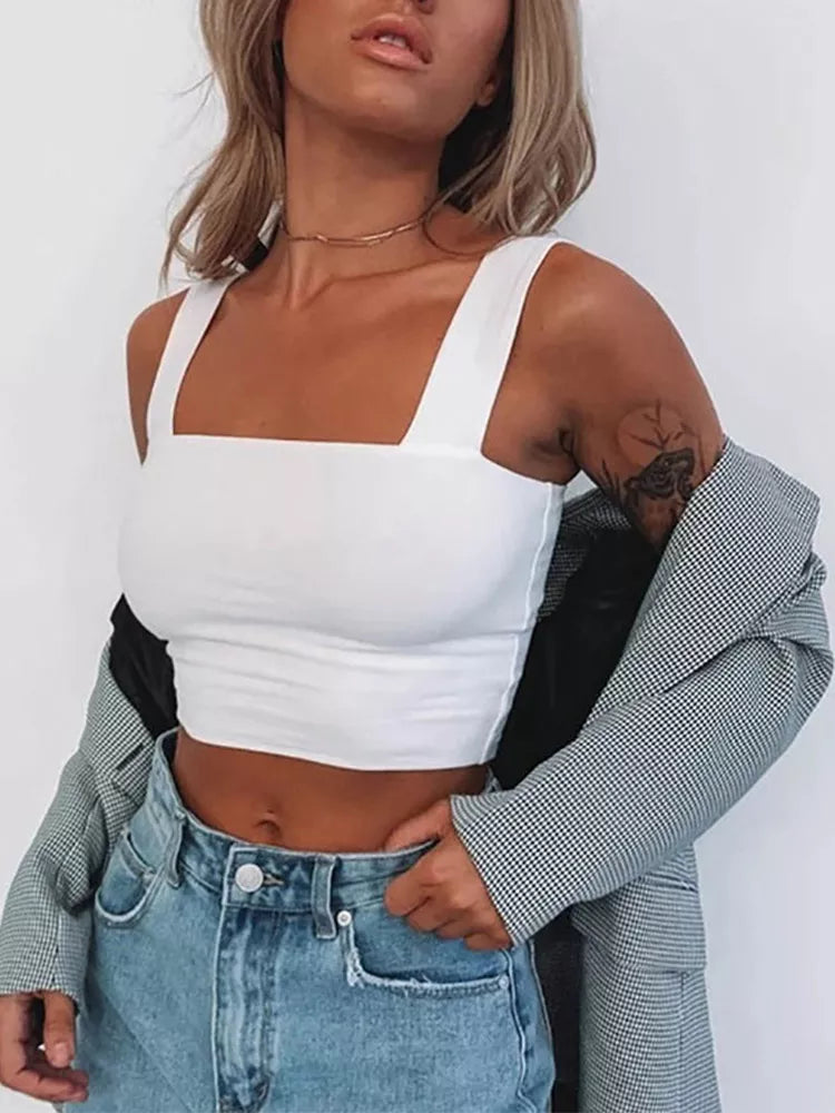 Square Neck Sleeveless Summer Crop Top White Women Cami Sexy Tank Top