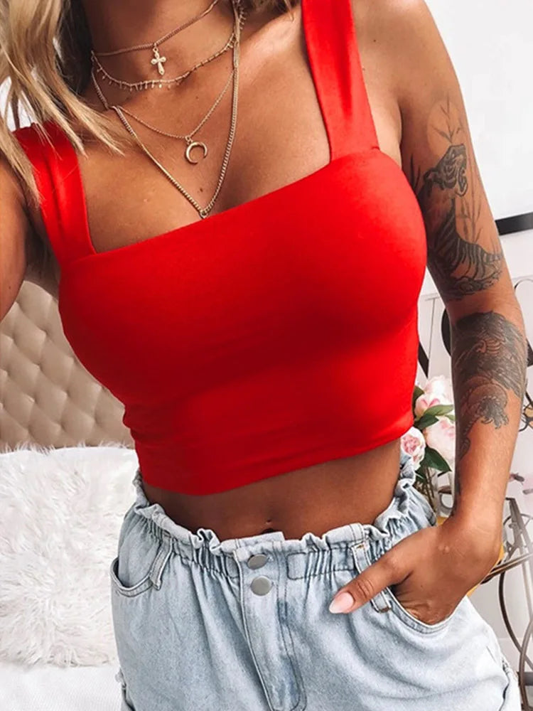 Square Neck Sleeveless Summer Crop Top White Women Cami Sexy Tank Top