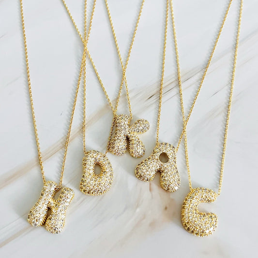 Crystal Bubble Initial Necklace- Gold Tone Monogram